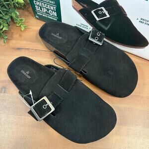 Staheekum Women's Crescent Slip On Black Suede Buckle Clogs Size 7